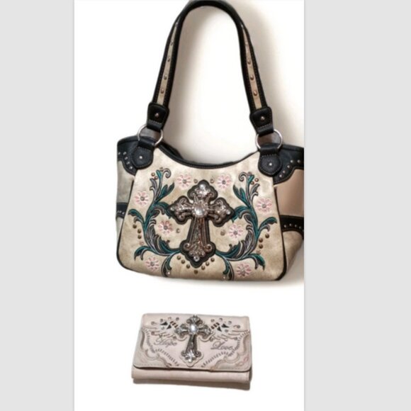 Western Rhinestone Cross Handbag & Wallet Set Tooled Embroidered Purse beige - Picture 1 of 9